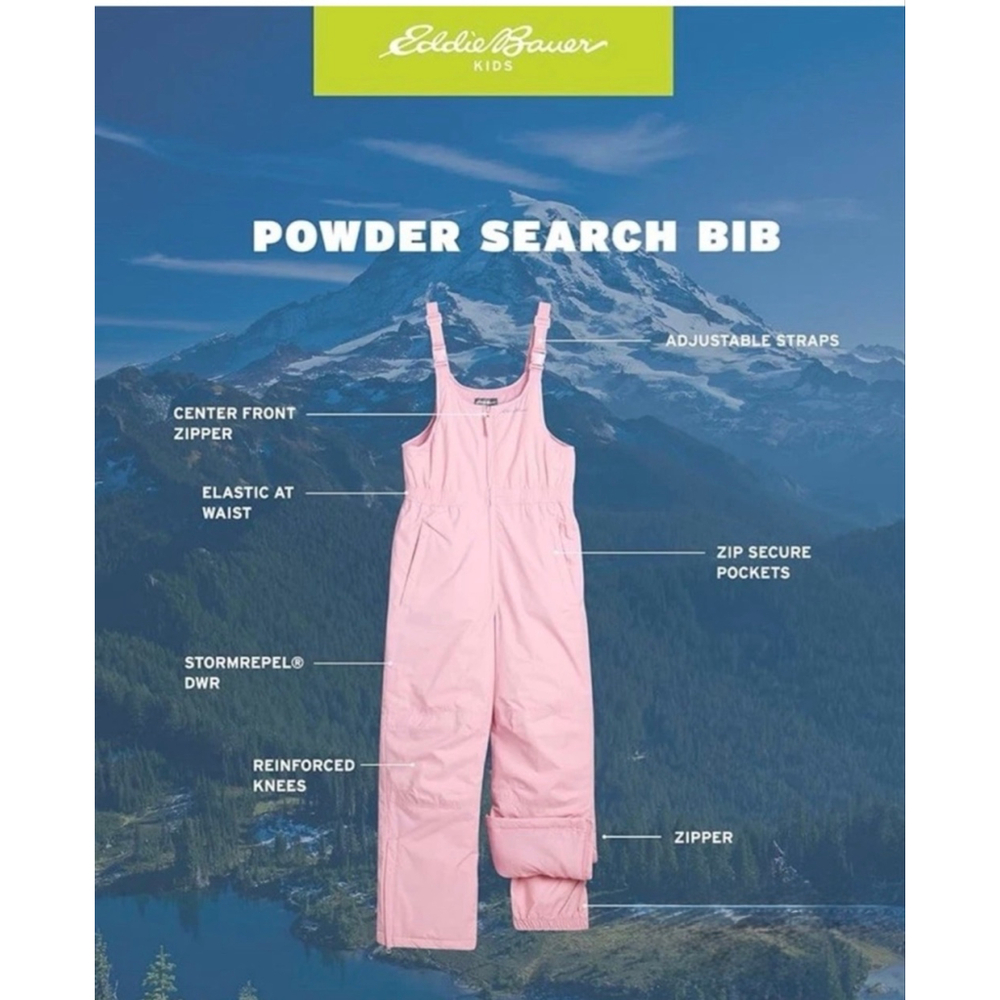 NEW! GIRLS EDDIE BAUER POWDER SEARCH BIB PANTS S 7/8 PINK SNOW OVERALLS